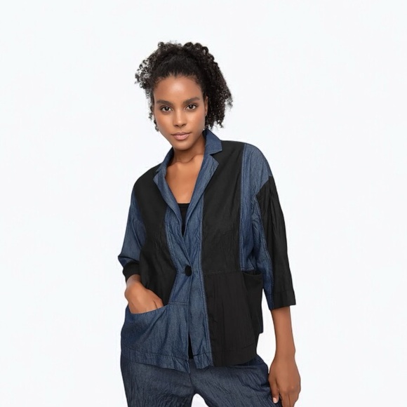 OZAI N KU BAMBAKI CRINKLE PATCH SHIRT JACKET DENIM